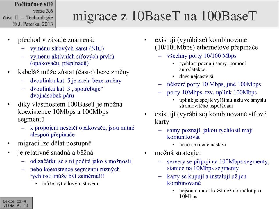 3 spotřebuje dvojnásobek párů díky vlastnostem 100BaseT je možná koexistence 10Mbps a 100Mbps segmentů k propojení nestačí opakovače, jsou nutné alespoň přepínače migraci lze dělat postupně je