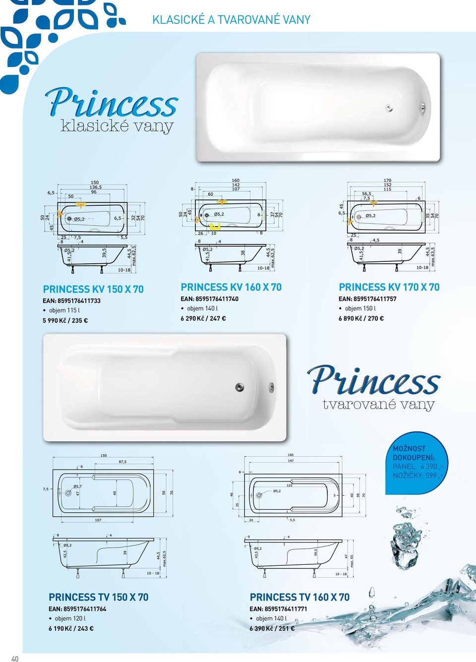 10 l 6 890 Kč / 270 Princess tvarované vany možnost dokoupení: panel: 390,- nožičky: 99,- Princess TV 10 x