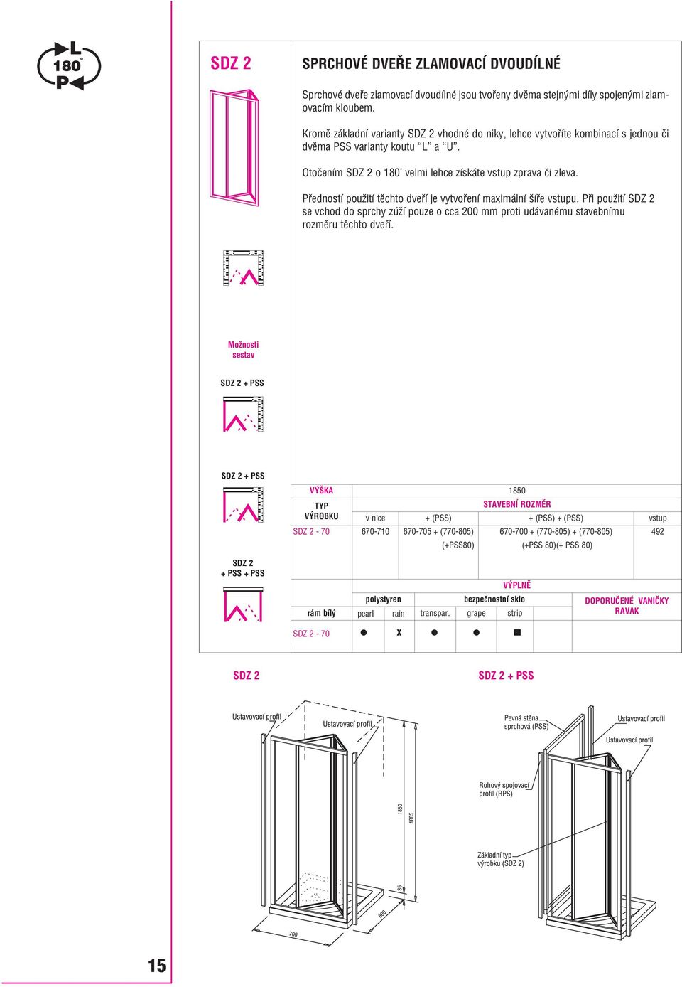 Předností použití těchto dveří je vytvoření maximální šíře vstupu. Při použití SDZ 2 se vchod do sprchy zúží pouze o cca 200 mm proti udávanému stavebnímu rozměru těchto dveří.