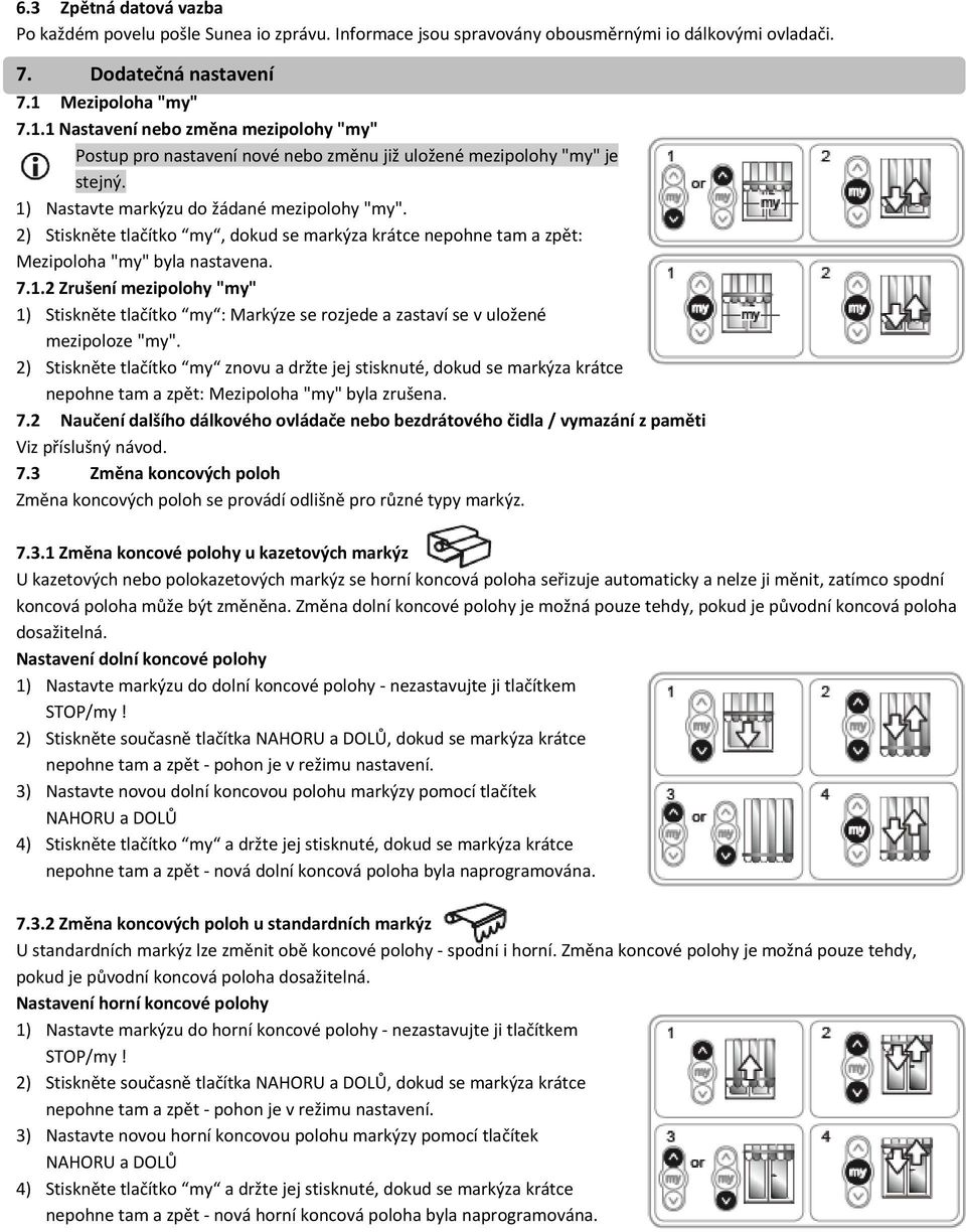 2) Stiskněte tlačítko my, dokud se markýza krátce nepohne tam a zpět: Mezipoloha "my" byla nastavena. 7.1.