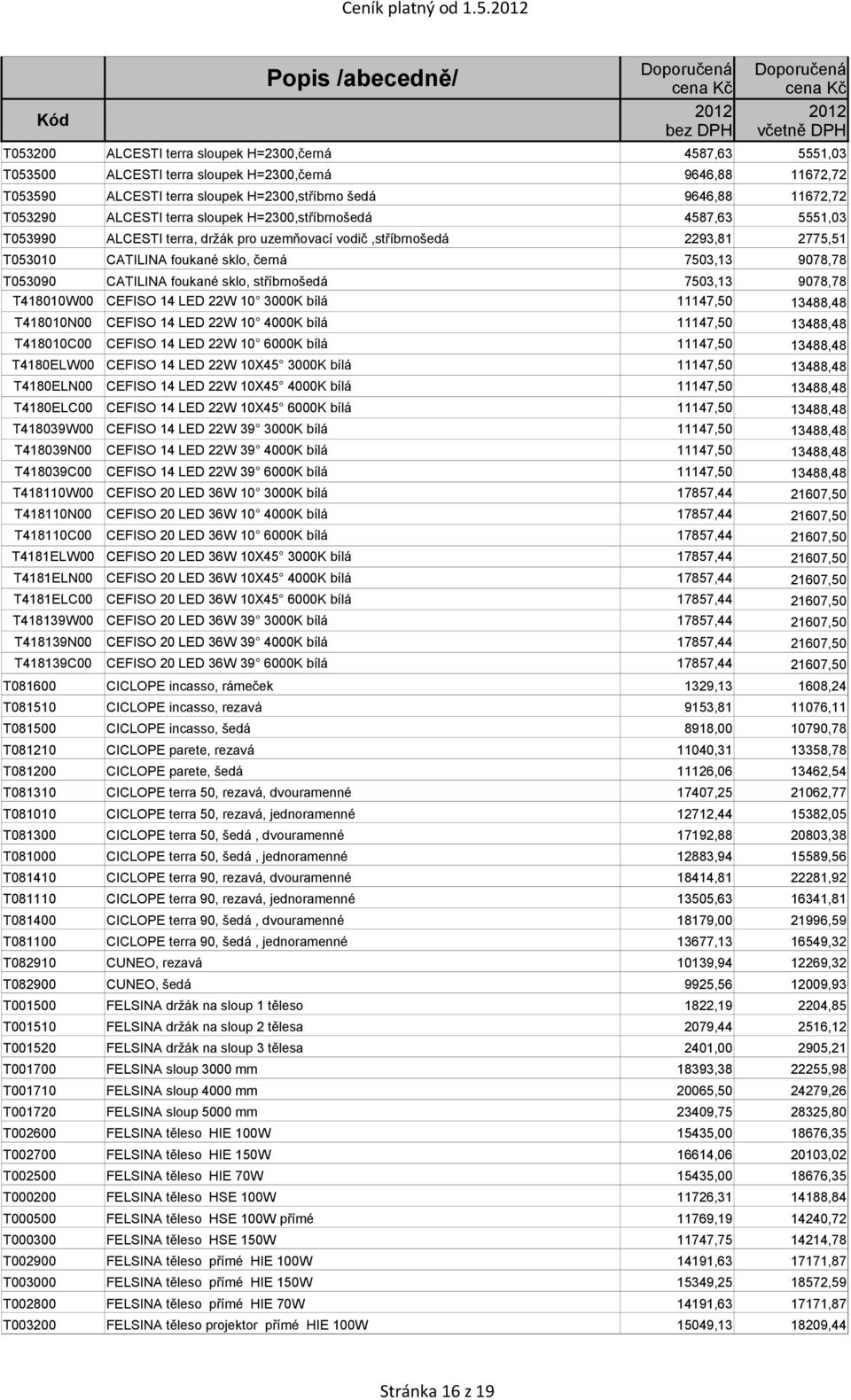 ALCESTI terra sloupek H=2300,stříbrnošedá 4587,63 5551,03 T053990 ALCESTI terra, držák pro uzemňovací vodič,stříbrnošedá 2293,81 2775,51 T053010 CATILINA foukané sklo, černá 7503,13 9078,78 T053090