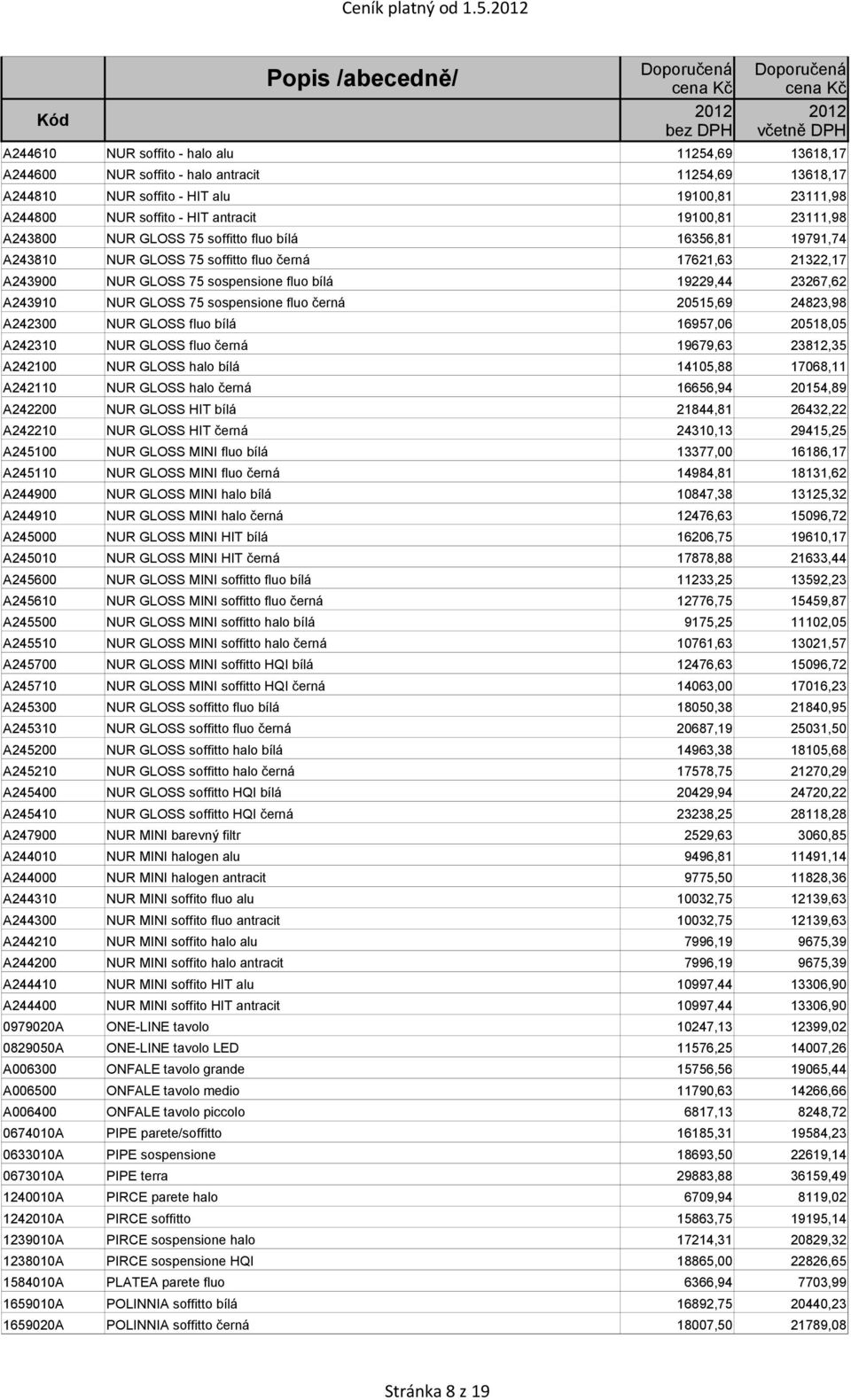 23111,98 A243800 NUR GLOSS 75 soffitto fluo bílá 16356,81 19791,74 A243810 NUR GLOSS 75 soffitto fluo černá 17621,63 21322,17 A243900 NUR GLOSS 75 sospensione fluo bílá 19229,44 23267,62 A243910 NUR