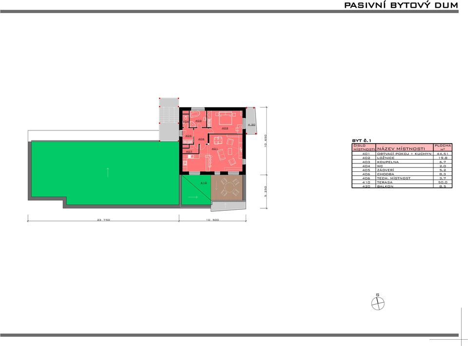 KUCHYN 44,51 402 LOŽNICE 19,8 403 KOUPELNA 6,7 404 WC 2,0 405 ZÁDVERÍ