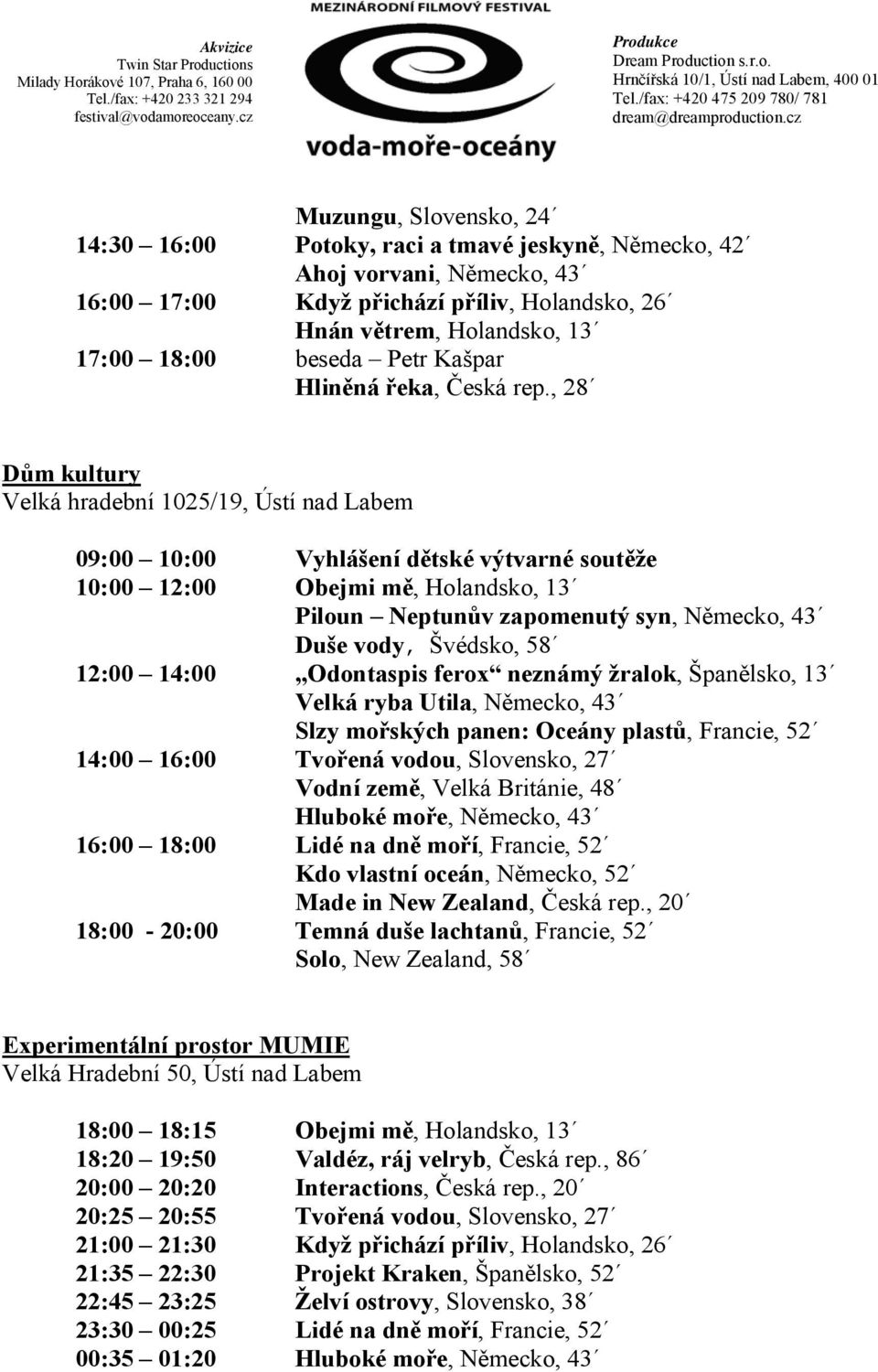 , 28 Dům kultury Velká hradební 1025/19, Ústí nad Labem 09:00 10:00 Vyhlášení dětské výtvarné soutěže 10:00 12:00 Obejmi mě, Holandsko, 13 Piloun Neptunův zapomenutý syn, Německo, 43 Duše vody,