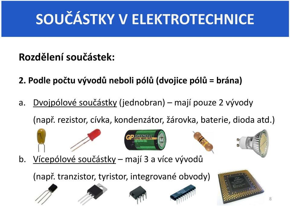 Dvojpólové součástky(jednobran) mají pouze 2 vývody (např.