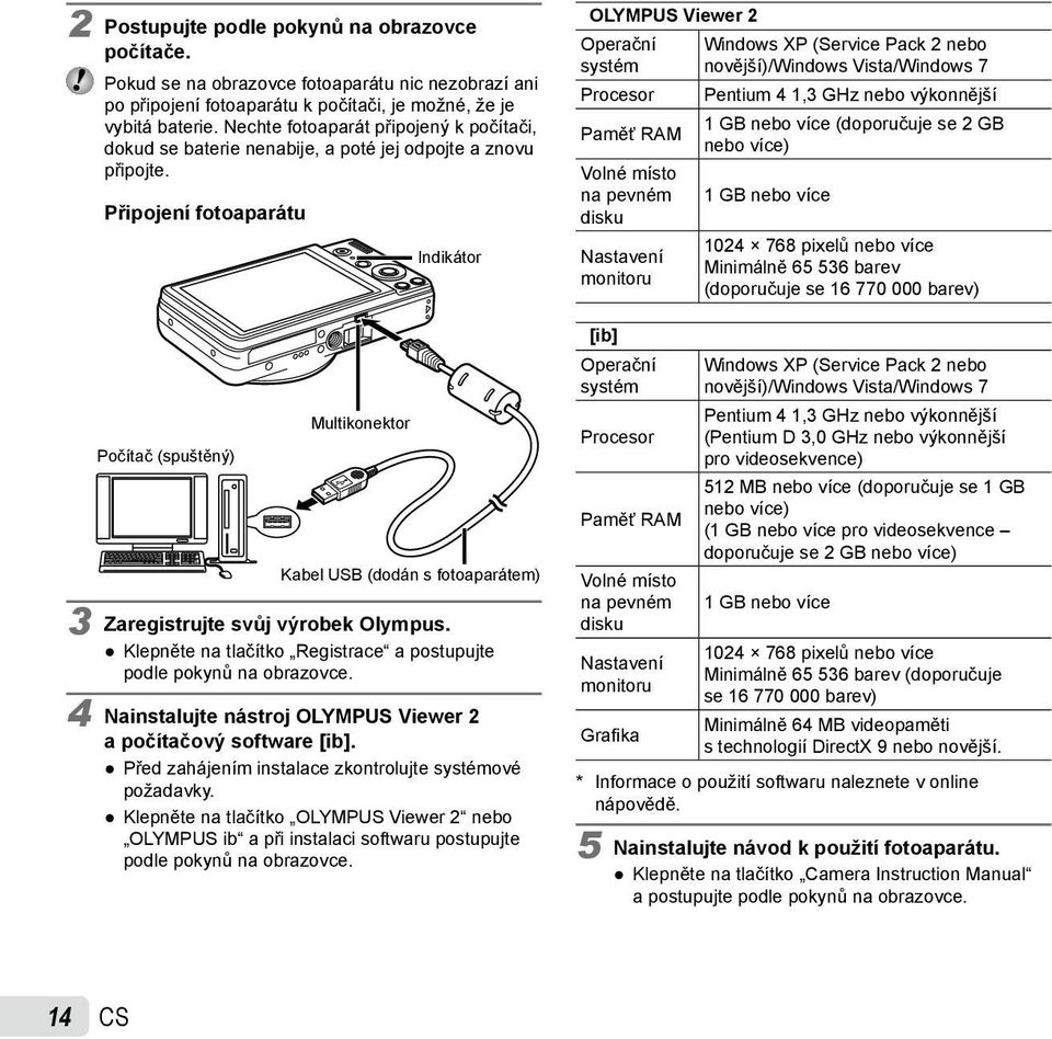 Připojení fotoaparátu Počítač (spuštěný) Multikonektor Indikátor Kabel USB (dodán s fotoaparátem) 3 Zaregistrujte svůj výrobek Olympus.