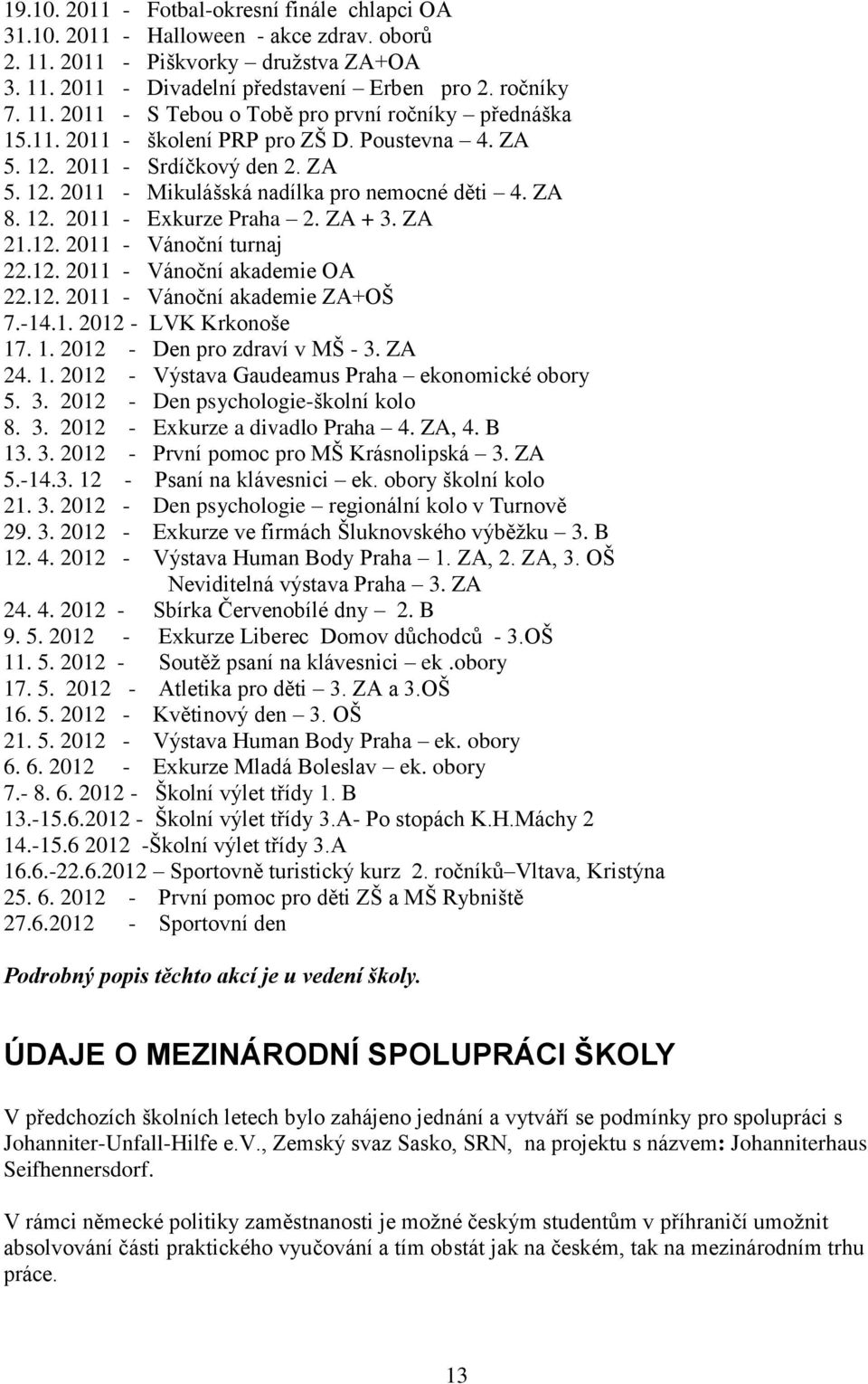 12. 2011 - Vánoční akademie OA 22.12. 2011 - Vánoční akademie ZA+OŠ 7.-14.1. 2012 - LVK Krkonoše 17. 1. 2012 - Den pro zdraví v MŠ - 3. ZA 24. 1. 2012 - Výstava Gaudeamus Praha ekonomické obory 5. 3. 2012 - Den psychologie-školní kolo 8.