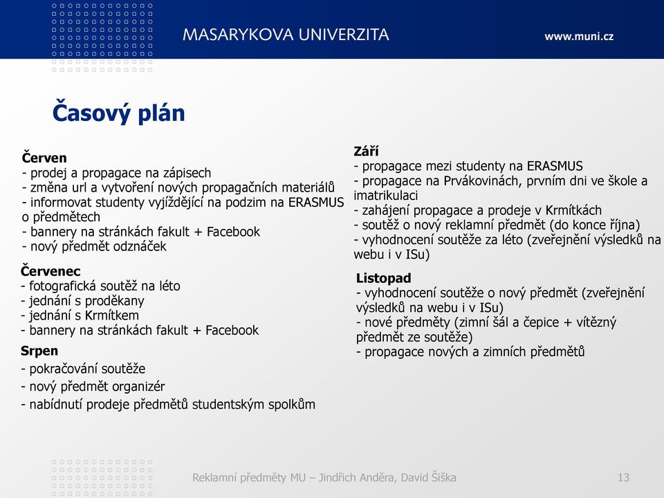 předmět organizér - nabídnutí prodeje předmětů studentským spolkům Září - propagace mezi studenty na ERASMUS - propagace na Prvákovinách, prvním dni ve škole a imatrikulaci - zahájení propagace a