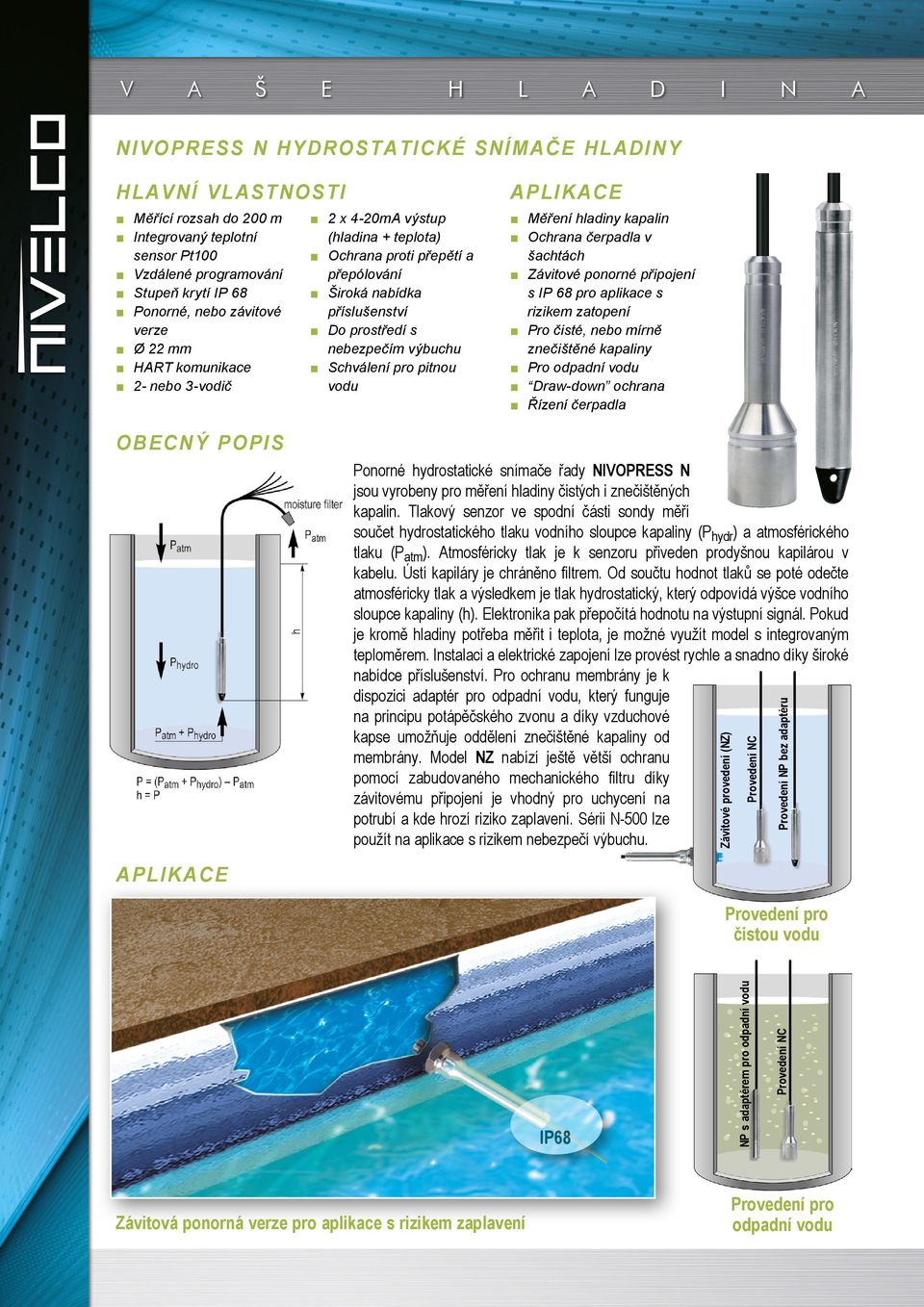 kapaliny Pro odpadní vodu Draw-down ochrana Řízení čerpadla Provedení NP bez adaptéru Provedení NC Ponorné hydrostatické snímače řady NIVOPRESS N jsou vyrobeny pro měření hladiny čistých i