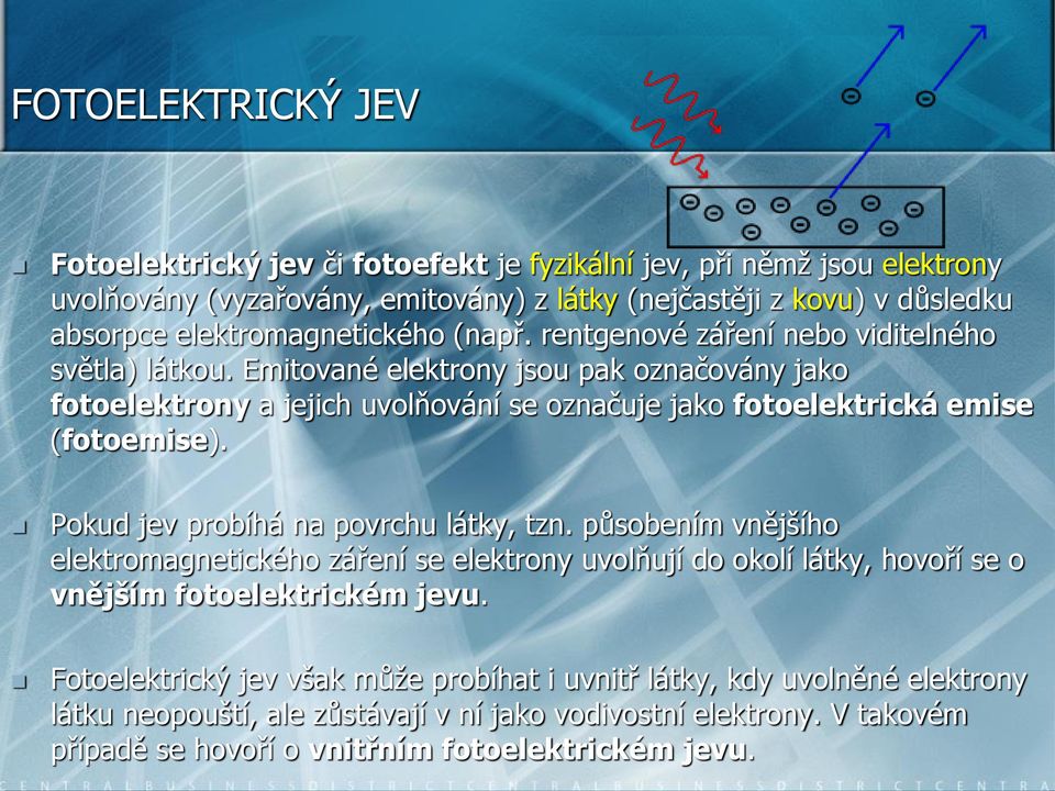 Emitované elektrony jsou pak označovány jako fotoelektrony a jejich uvolňování se označuje jako fotoelektrická emise (fotoemise). Pokud jev probíhá na povrchu látky, tzn.