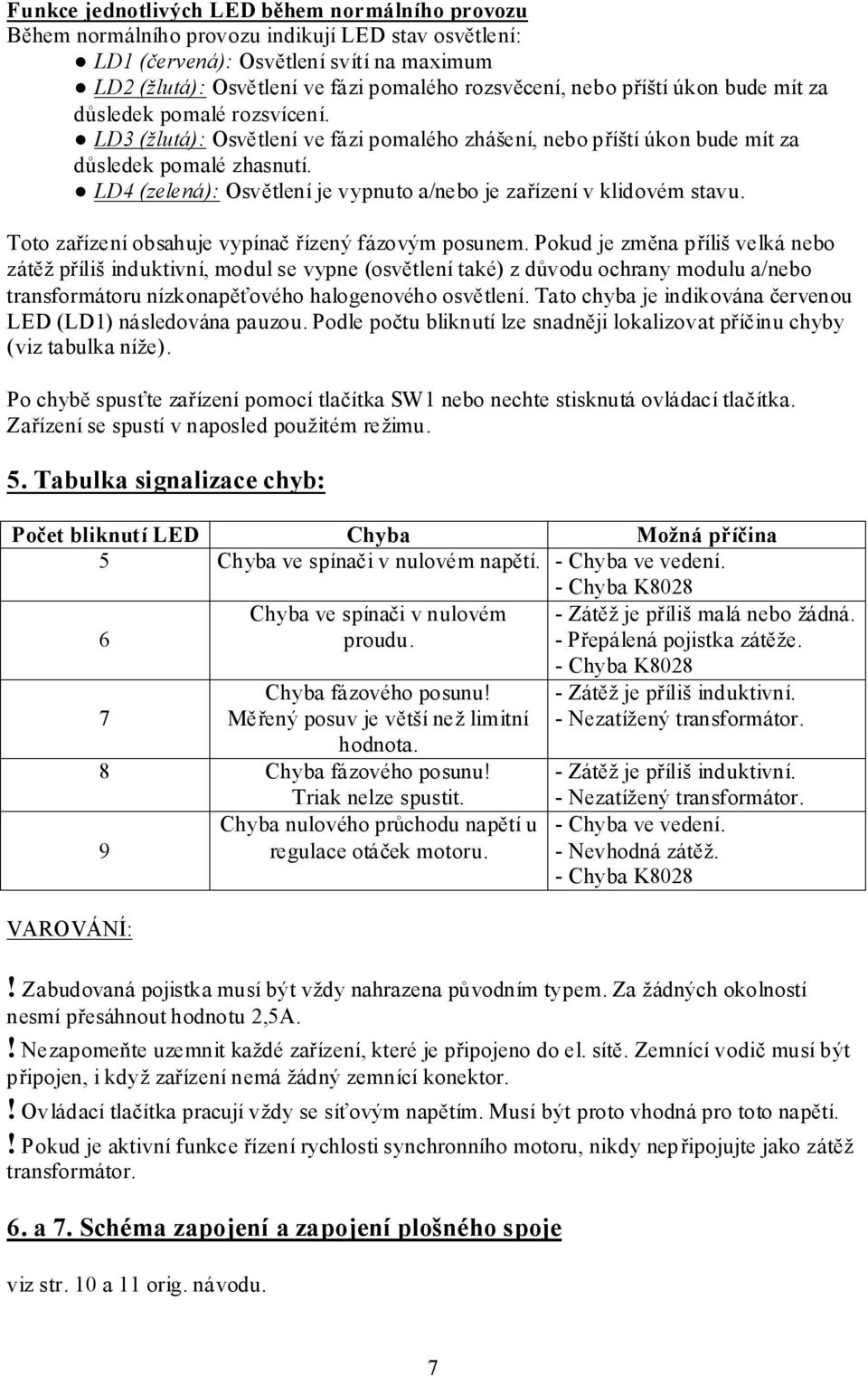 LD4 (zelená): Osvětlení je vypnuto a/nebo je zařízení v klidovém stavu. Toto zařízení obsahuje vypínač řízený fázovým posunem.