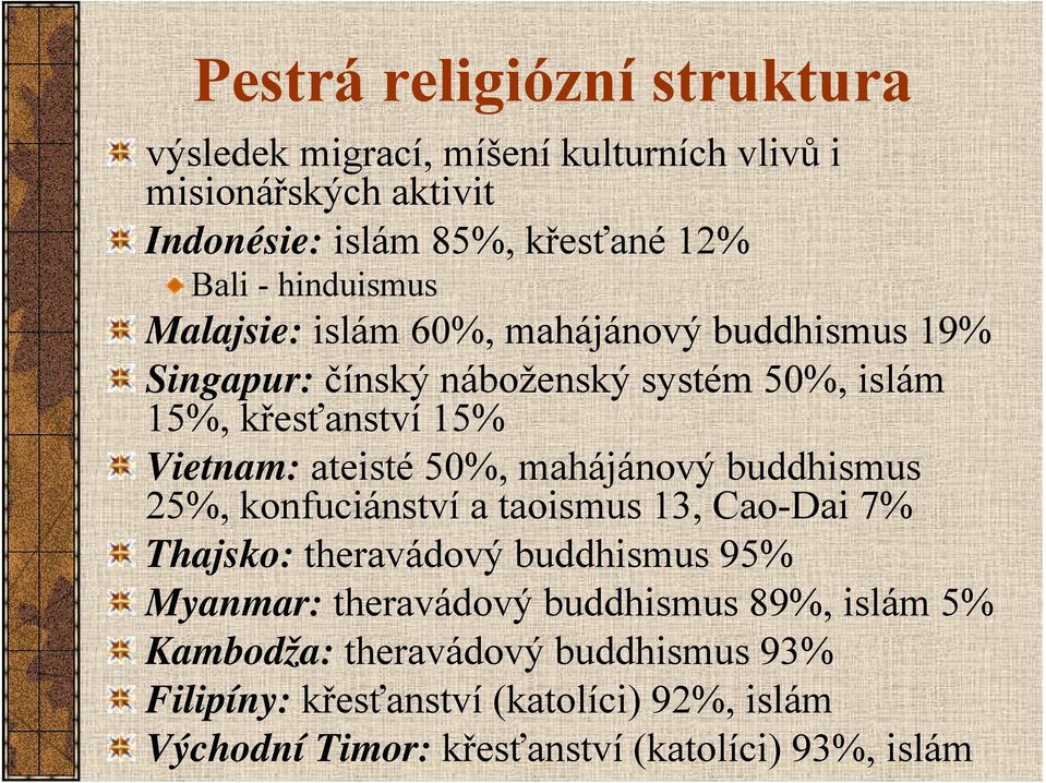 ateisté 50%, mahájánový buddhismus 25%, konfuciánství a taoismus 13, Cao-Dai 7% Thajsko: theravádový buddhismus 95% Myanmar: theravádový