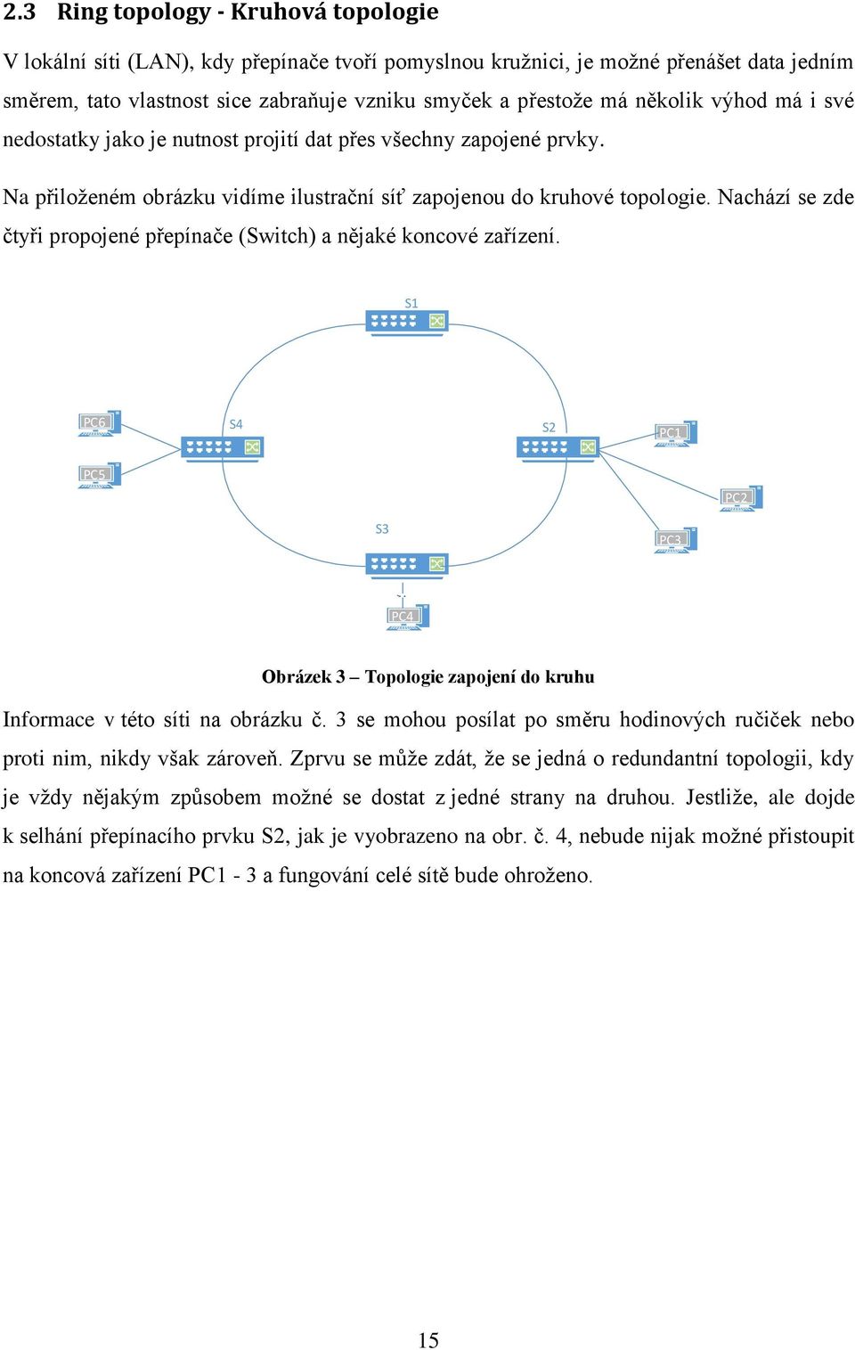 Nachází se zde čtyři propojené přepínače (Switch) a nějaké koncové zařízení. S1 PC6 S4 S2 PC1 PC5 PC2 S3 PC3 ; PC4 Obrázek 3 Topologie zapojení do kruhu Informace v této síti na obrázku č.