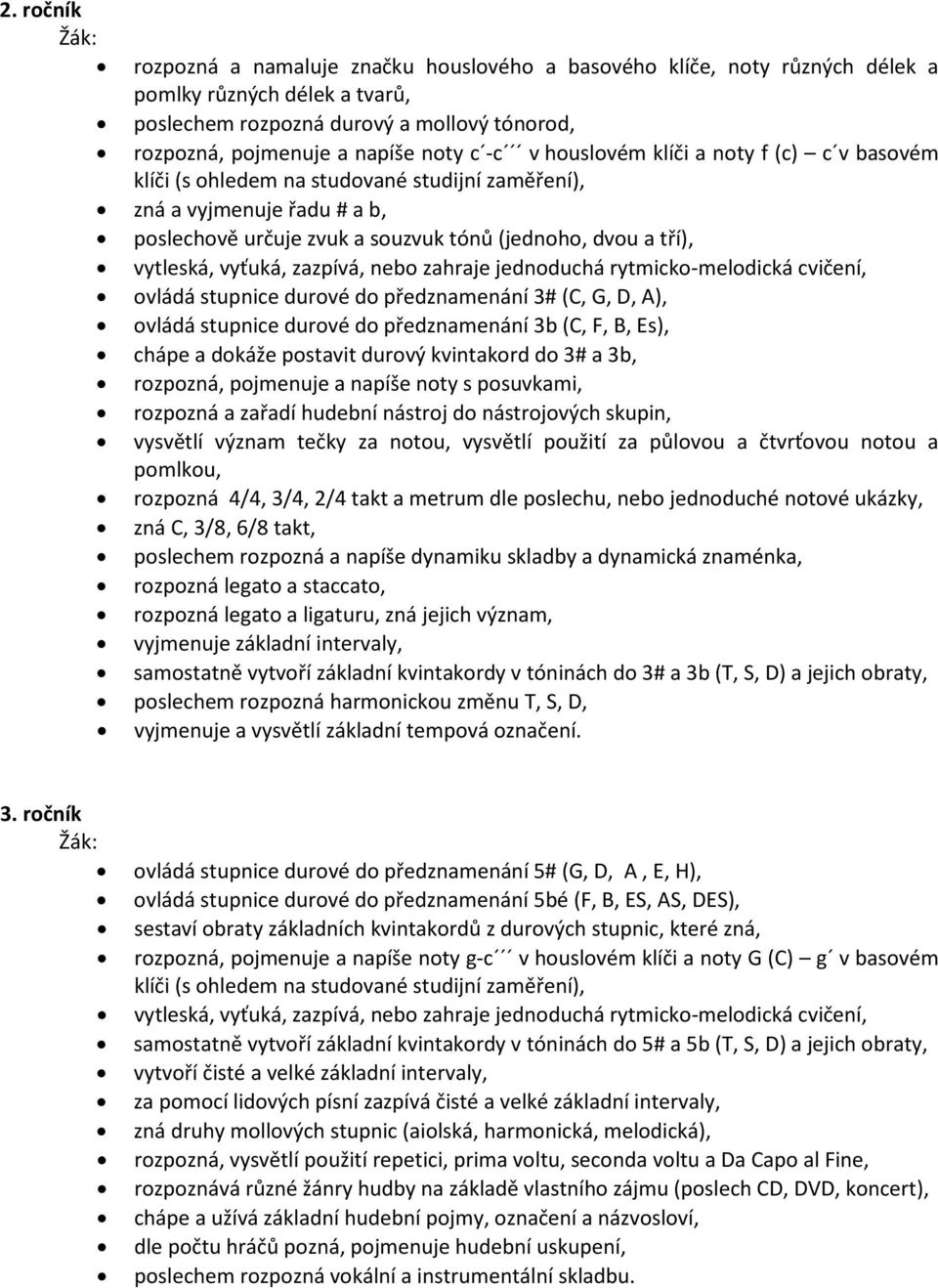 vyťuká, zazpívá, nebo zahraje jednoduchá rytmicko-melodická cvičení, ovládá stupnice durové do předznamenání 3# (C, G, D, A), ovládá stupnice durové do předznamenání 3b (C, F, B, Es), chápe a dokáže