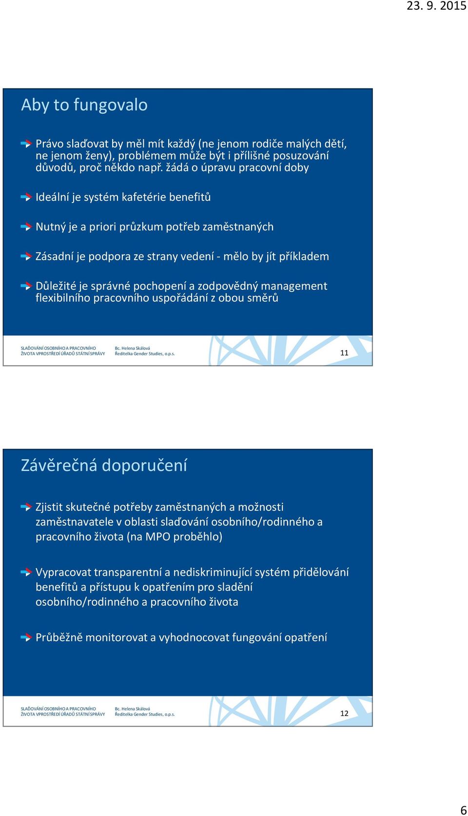 pochopení a zodpovědný management flexibilního pracovního uspořádání z obou směrů 11 Závěrečná doporučení Zjistit skutečné potřeby zaměstnaných a možnosti zaměstnavatele v oblasti slaďování