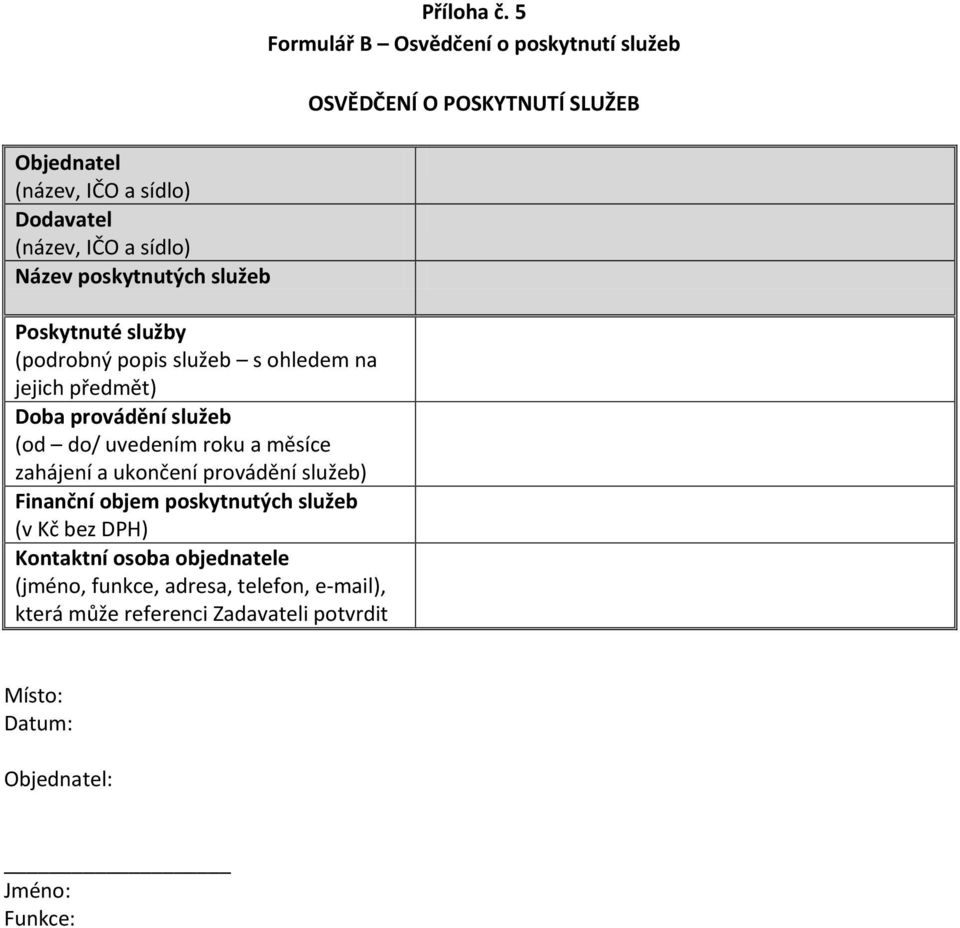 poskytnutých služeb (v Kč bez DPH) Kontaktní osoba objednatele (jméno, funkce, adresa, telefon, e-mail), která může referenci