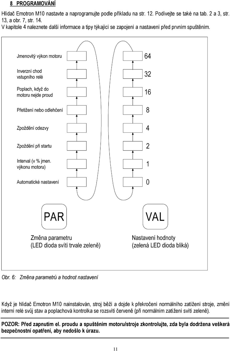 6: Změna parametrů a hodnot nastavení Když je hlídač Emotron M10 nainstalován, stroj běží a dojde k překročení normálního zatížení stroje, změní interní relé