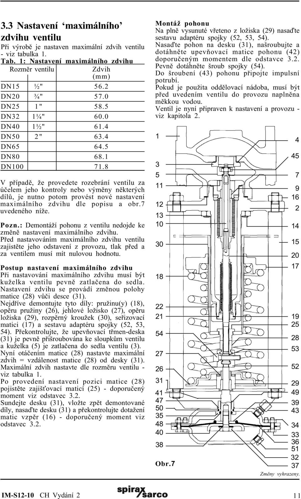 8 V pøípadì, že provedete rozebrání ventilu za úèelem jeho kontroly nebo výmìny nìkterých dílù, je nutno potom provést nové nastavení maximálního zdvihu dle popisu a obr.7 uvedeného níže. Pozn.