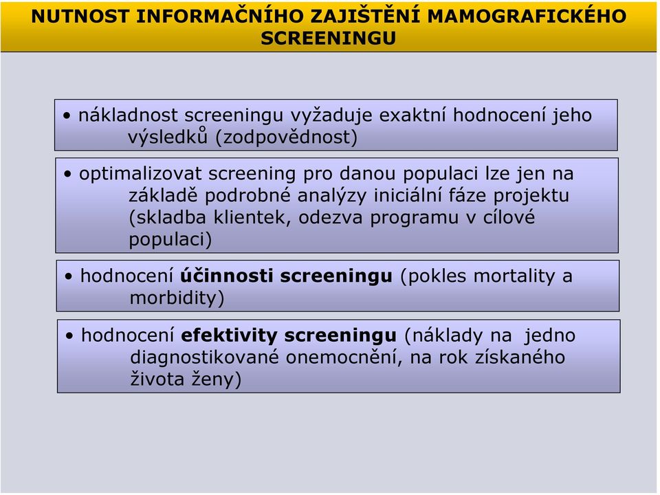 fáze projektu (skladba klientek, odezva programu v cílové populaci) hodnocení účinnosti screeningu (pokles