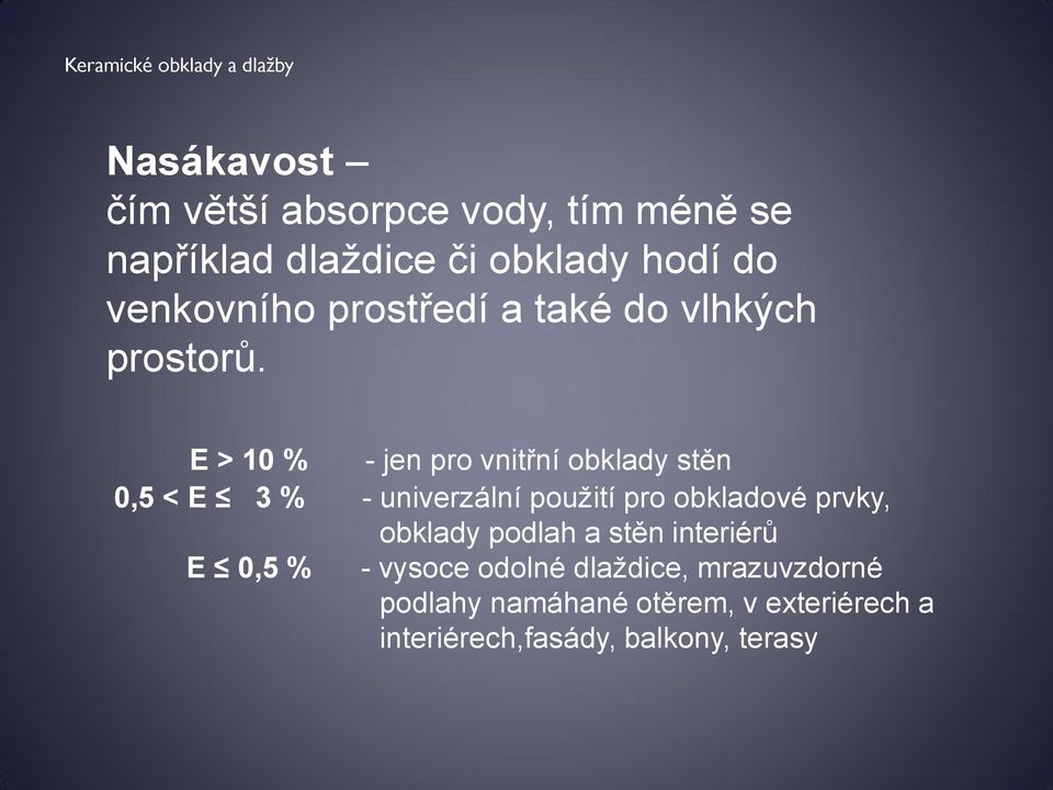 E > 10 % - jen pro vnitřní obklady stěn 0,5 < E 3 % - univerzální použití pro obkladové prvky,