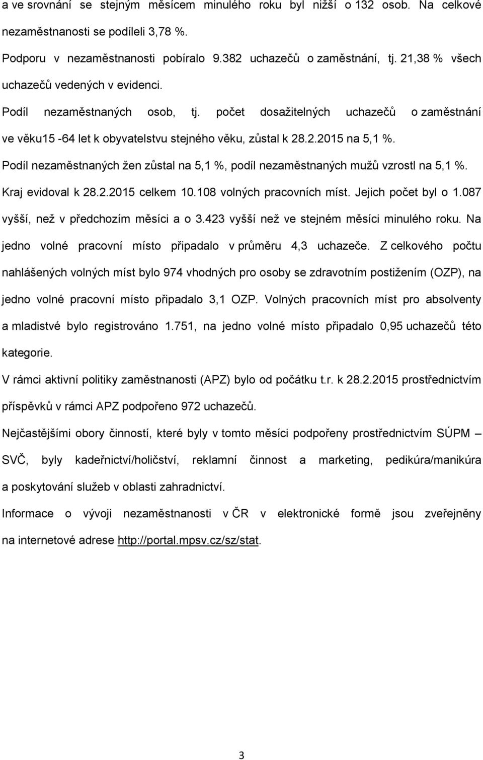 Podíl nezaměstnaných žen zůstal na 5,1 %, podíl nezaměstnaných mužů vzrostl na 5,1 %. Kraj evidoval k 28.2.2015 celkem 10.108 volných pracovních míst. Jejich počet byl o 1.