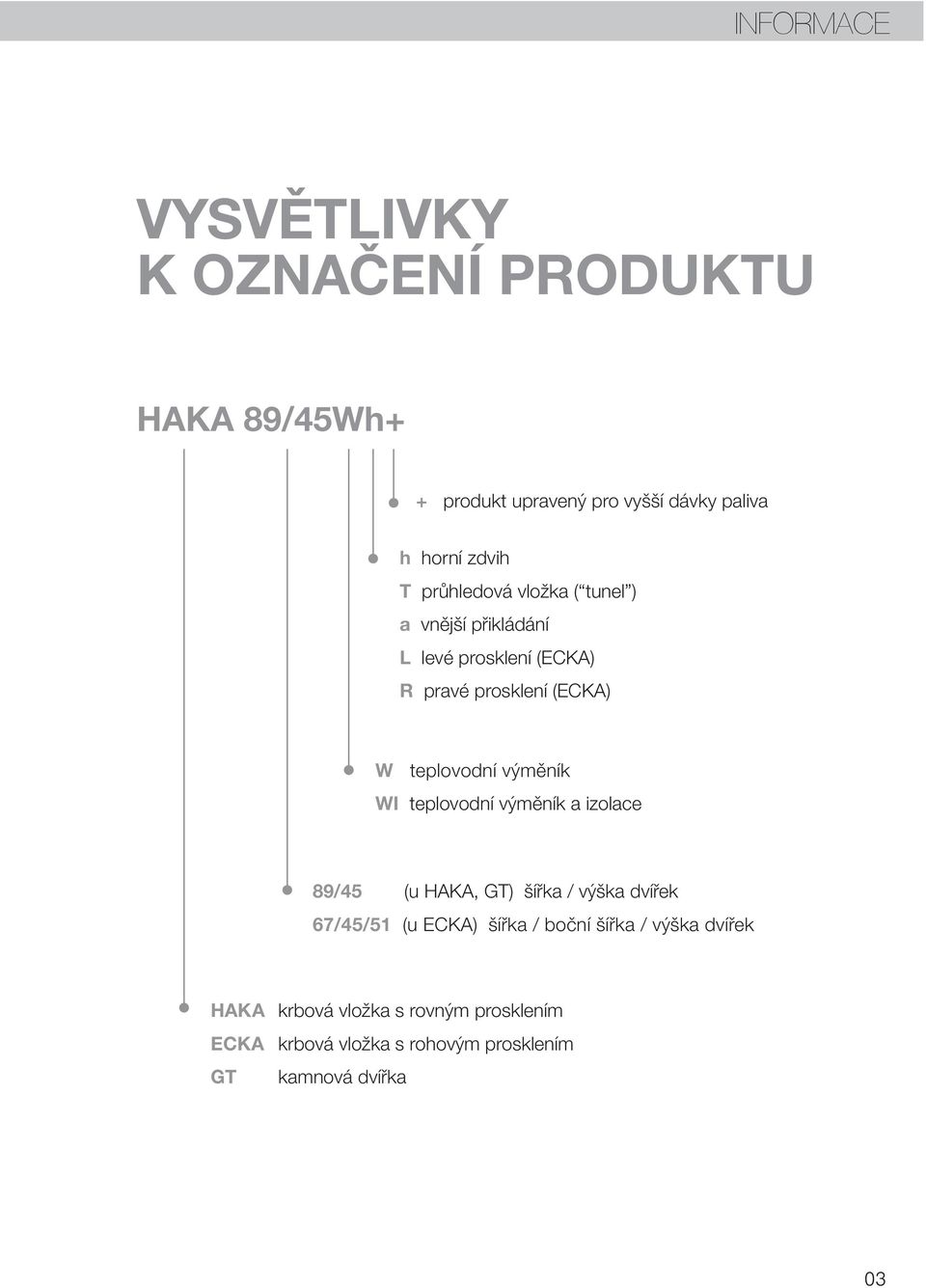 výměník WI teplovodní výměník a izolace 89/45 (u HAKA, GT) šířka / výška dvířek 67/45/51 (u ECKA) šířka / boční