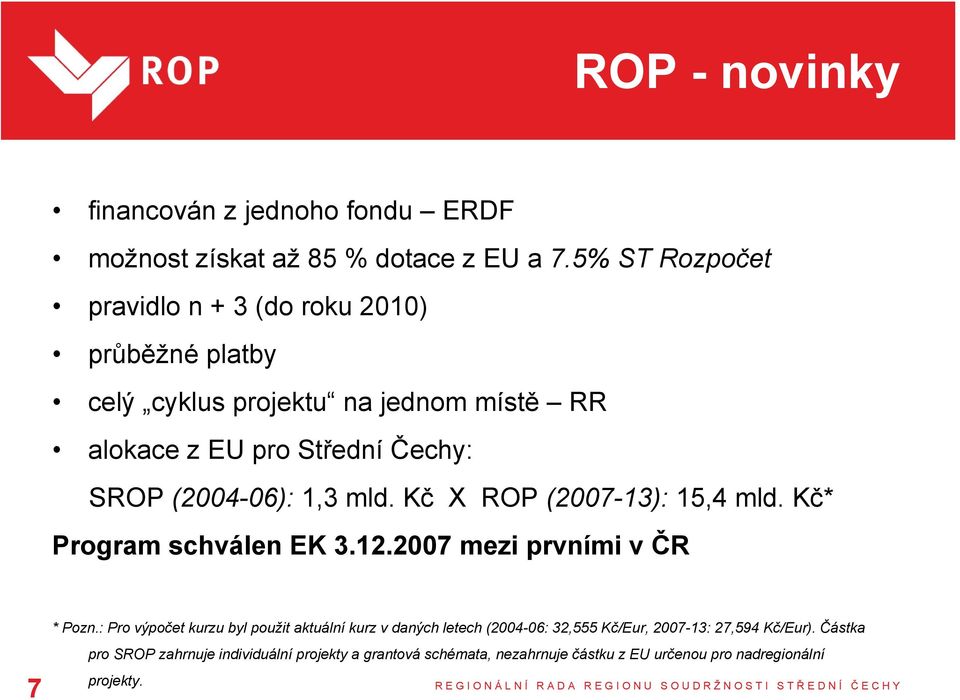 (2004-06): 1,3 mld. Kč X ROP (2007-13): 15,4 mld. Kč* Program schválen EK 3.12.2007 mezi prvními v ČR 7 * Pozn.