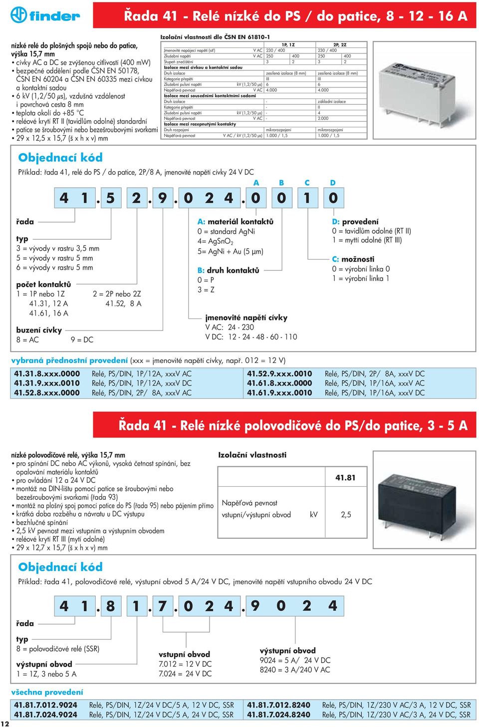 mm 41 - Relé nízké do PS / do patice, 8-12 - 16 A P íklad: 41, relé do PS / do patice, 2P/8 A, jmenovité nap tí cívky 24 V DC 4 1 zolační vlastnosti dle ČSN EN 61810-1 1P, 1Z 2P, 2Z Jmenovité