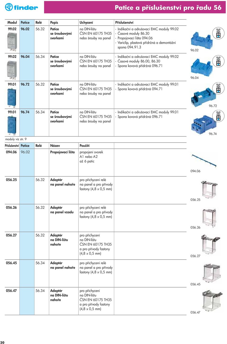 02 - Časové moduly 86.00, 86.30 - Spona kovová p ídržná 096.71 96.04 99.01 96.72 56.32 se šroubovými na DN-lištu nebo šrouby na panel - ndikační a odrušovací EMC moduly 99.