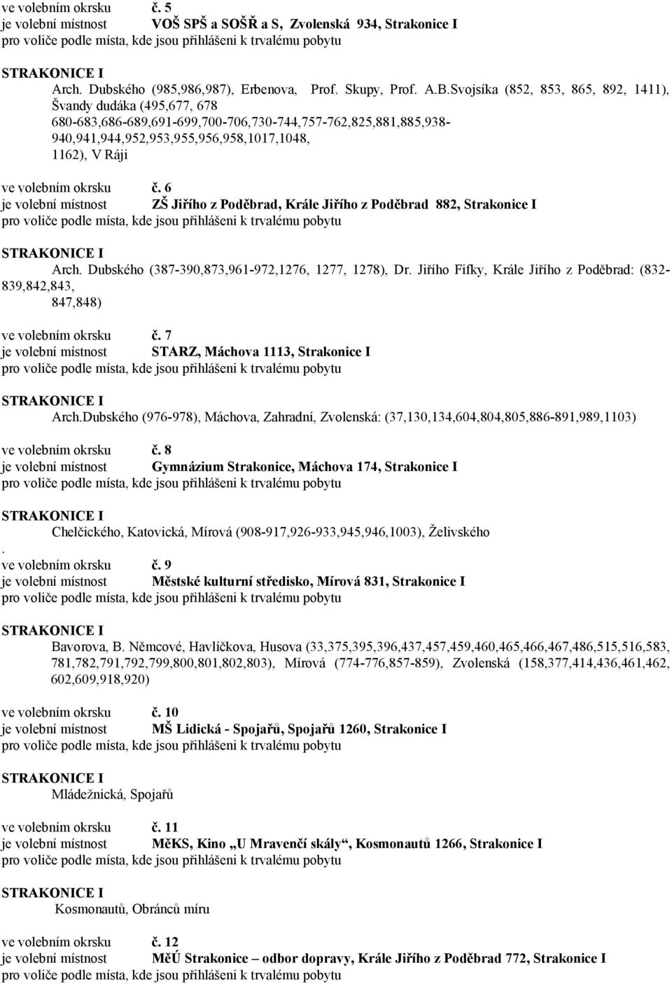 okrsku č. 6 je volební místnost ZŠ Jiřího z Poděbrad, Krále Jiřího z Poděbrad 882, Strakonice I Arch. Dubského (387-390,873,961-972,1276, 1277, 1278), Dr.