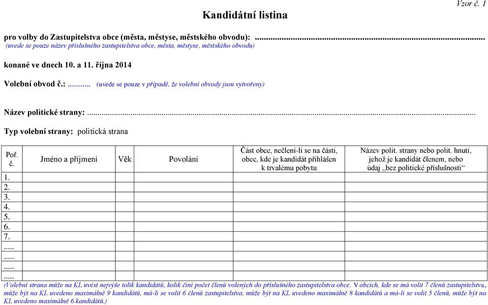 (uvede se pouze v případě, že volební obvody jsou vytvořeny) Název politické strany:... Typ volební strany: politická strana Poř. č.