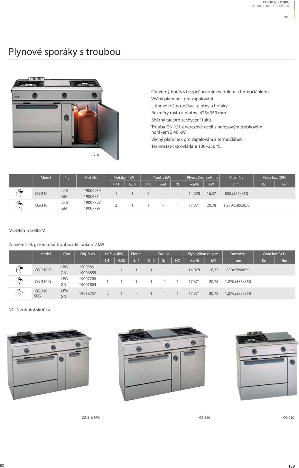 Termostatické ovládání 130 350 C. CG-310 Model Plyn Obj. číslo Hořáky (kw) Trouba (kw) Plyn.