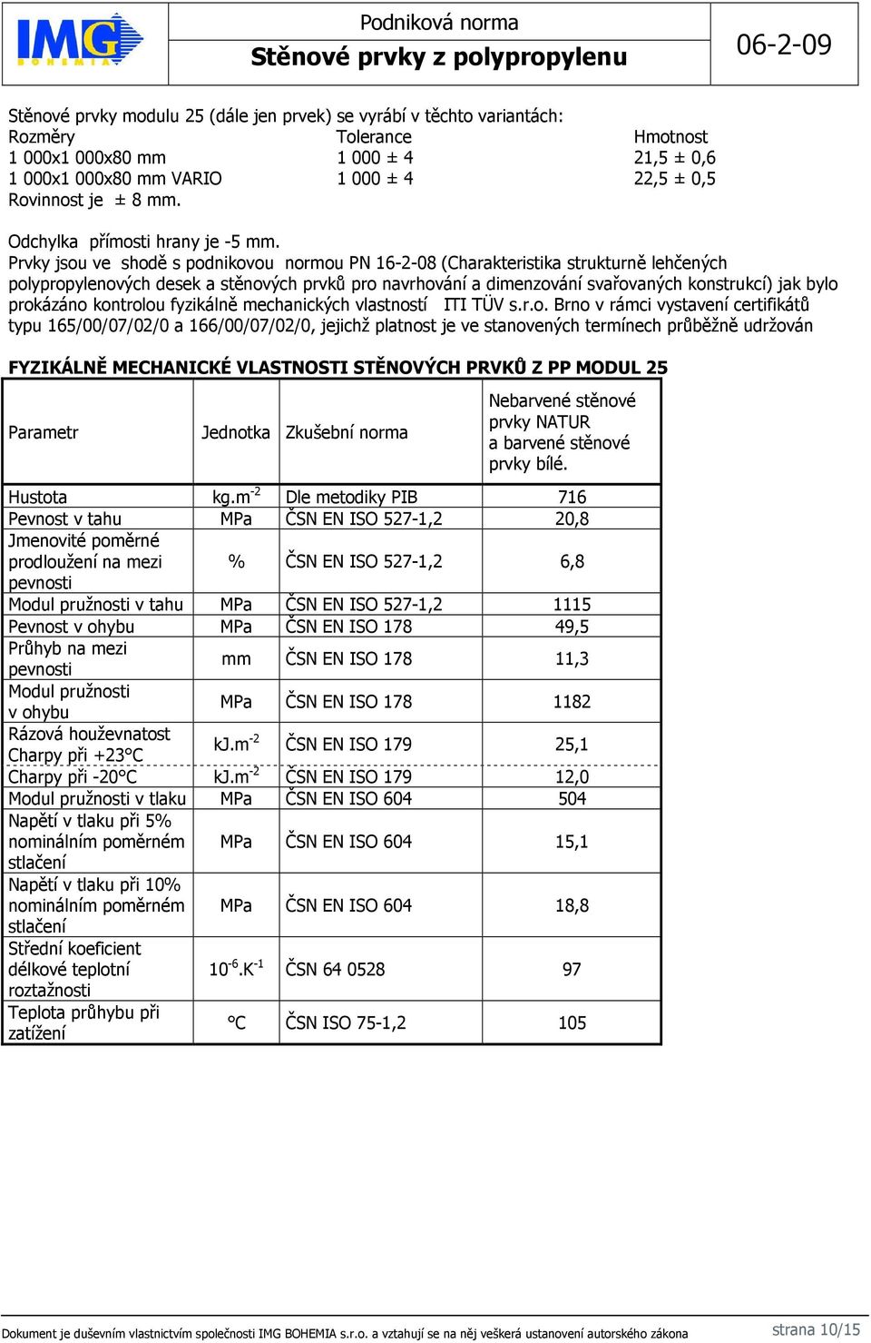 Prvky jsou ve shodě s podnikovou normou PN 16-2-08 (Charakteristika strukturně lehčených polypropylenových desek a stěnových prvků pro navrhování a dimenzování svařovaných konstrukcí) jak bylo