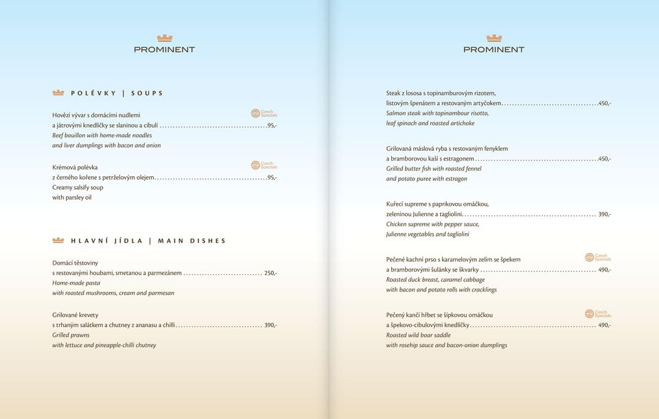 ... 95,- Creamy salsify soup with parsley oil HLAVNÍ JÍDLA MAIN DISHES Steak z lososa s topinamburovým rizotem, listovým špenátem a restovaným artyčokem.