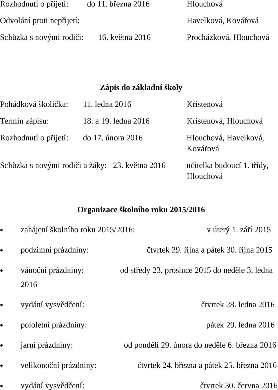 května 2016 učitelka budoucí 1. třídy, Hlouchová Organizace školního roku 2015/2016 zahájení školního roku 2015/2016: v úterý 1. září 2015 podzimní prázdniny: čtvrtek 29. října a pátek 30.