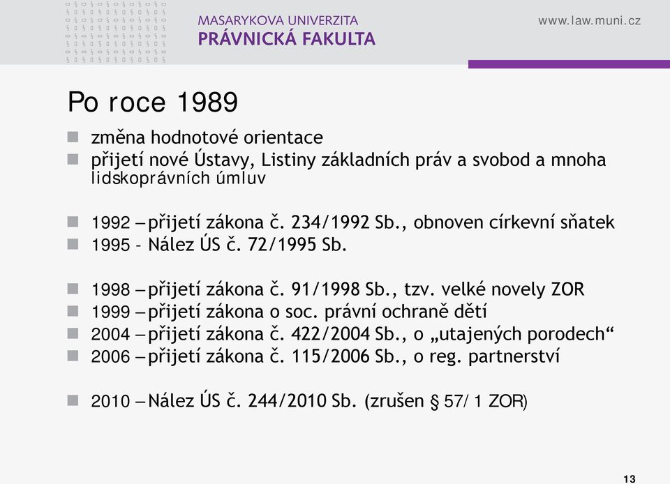 91/1998 Sb., tzv. velké novely ZOR 1999 přijetí zákona o soc. právní ochraně dětí 2004 přijetí zákona č. 422/2004 Sb.