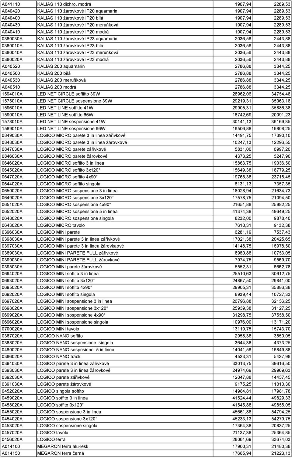 A040410 KALIAS 110 žárovkové IP20 modrá 1907,94 2289,53 0380030A KALIAS 110 žárovkové IP23 aquamarin 2036,56 2443,88 0380010A KALIAS 110 žárovkové IP23 bílá 2036,56 2443,88 0380040A KALIAS 110