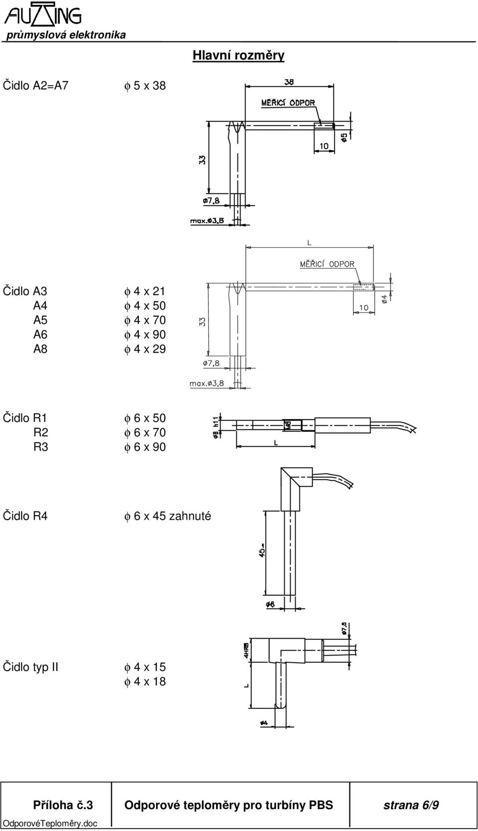 x 90 Čidlo R4 φ 6 x 45 zahnuté Čidlo typ II φ 4 x 15 φ 4 x 18 Příloha