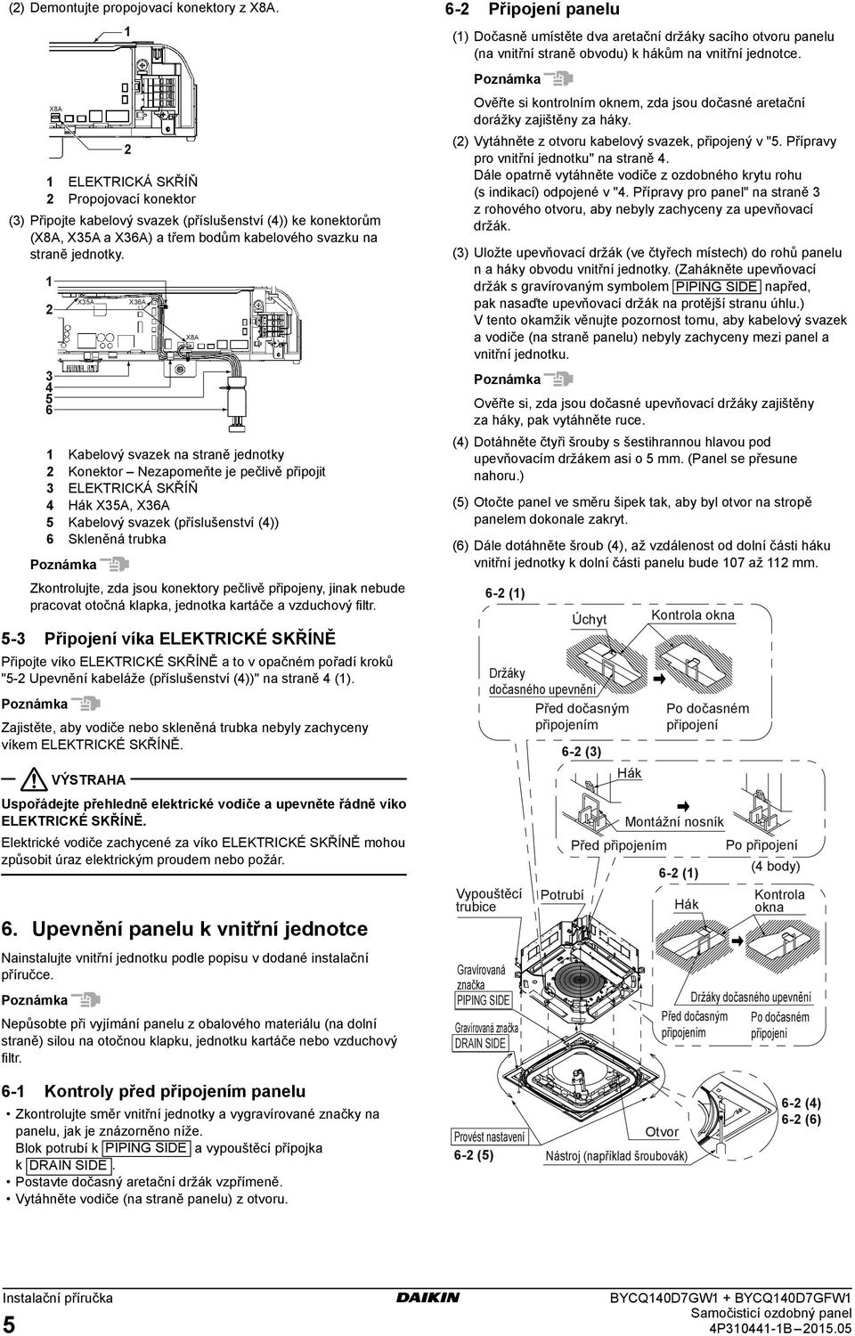 X8A ELEKTRICKÁ SKŘÍŇ Propojovací konektor () Připojte kabelový svazek (příslušenství ()) ke konektorům (X8A, X5A a X6A) a třem bodům kabelového svazku na straně jednotky.
