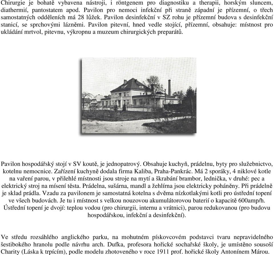 Pavilon pitevní, hned vedle stojící, přízemní, obsahuje: místnost pro ukládání mrtvol, pitevnu, výkropnu a muzeum chirurgických preparátů. Pavilon hospodářský stojí v SV koutě, je jednopatrový.