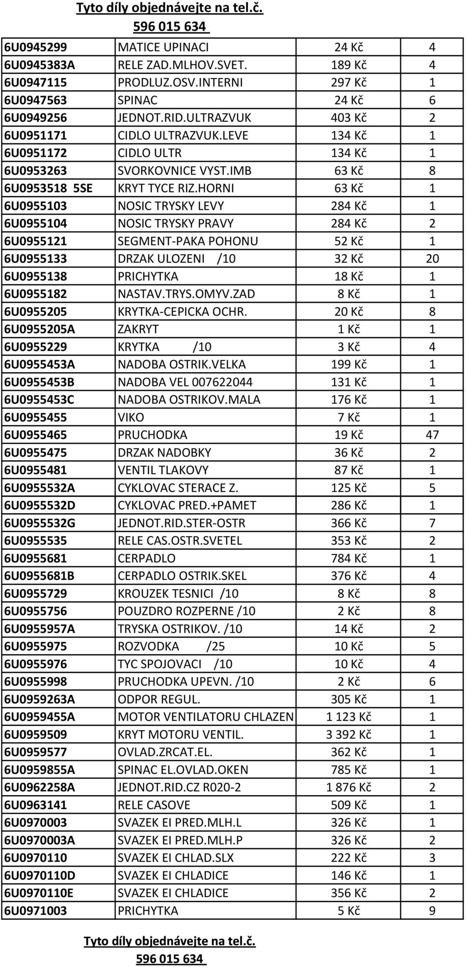 HORNI 63 Kč 1 6U0955103 NOSIC TRYSKY LEVY 284 Kč 1 6U0955104 NOSIC TRYSKY PRAVY 284 Kč 2 6U0955121 SEGMENT-PAKA POHONU 52 Kč 1 6U0955133 DRZAK ULOZENI /10 32 Kč 20 6U0955138 PRICHYTKA 18 Kč 1