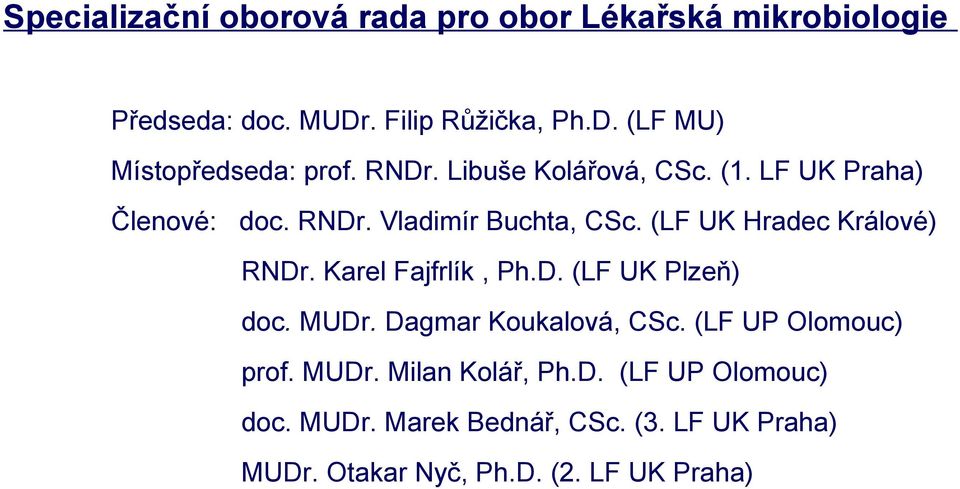 Karel Fajfrlík, Ph.D. (LF UK Plzeň) doc. MUDr. Dagmar Koukalová, CSc. (LF UP Olomouc) prof. MUDr. Milan Kolář, Ph.D. (LF UP Olomouc) doc.
