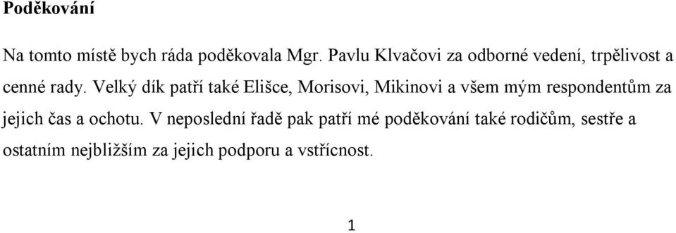 Velký dík patří také Elišce, Morisovi, Mikinovi a všem mým respondentům za jejich