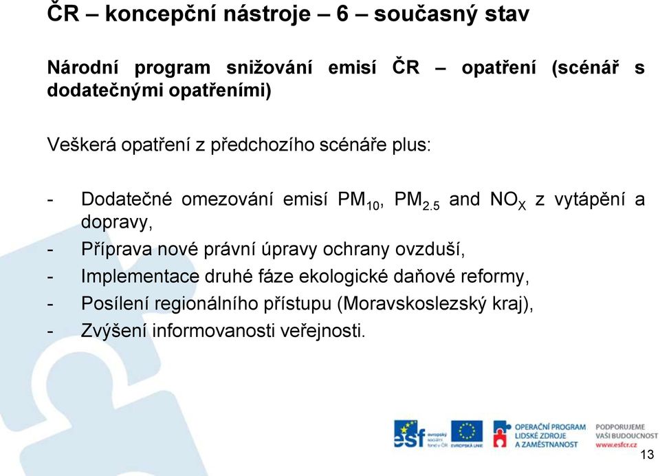 5 and NO X z vytápění a dopravy, - Příprava nové právní úpravy ochrany ovzduší, - Implementace druhé fáze