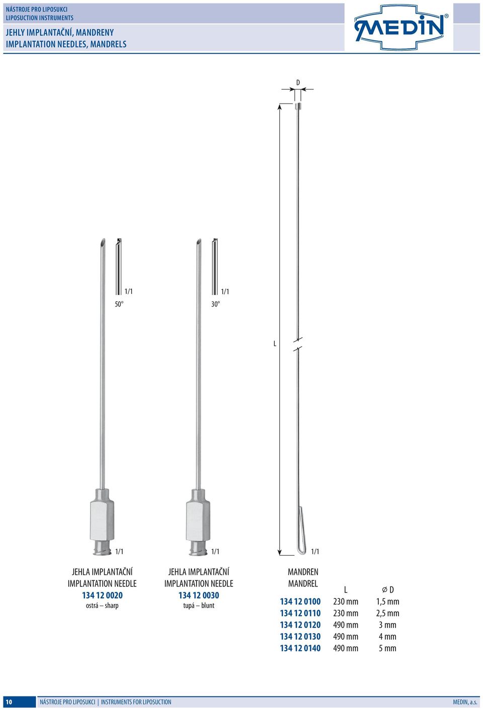 NEEDLE 134 12 0030 tupá blunt MANDREN MANDREL L D 134 12 0100 230 mm 1,5 mm 134 12 0110 230 mm 2,5 mm 134 12 0120