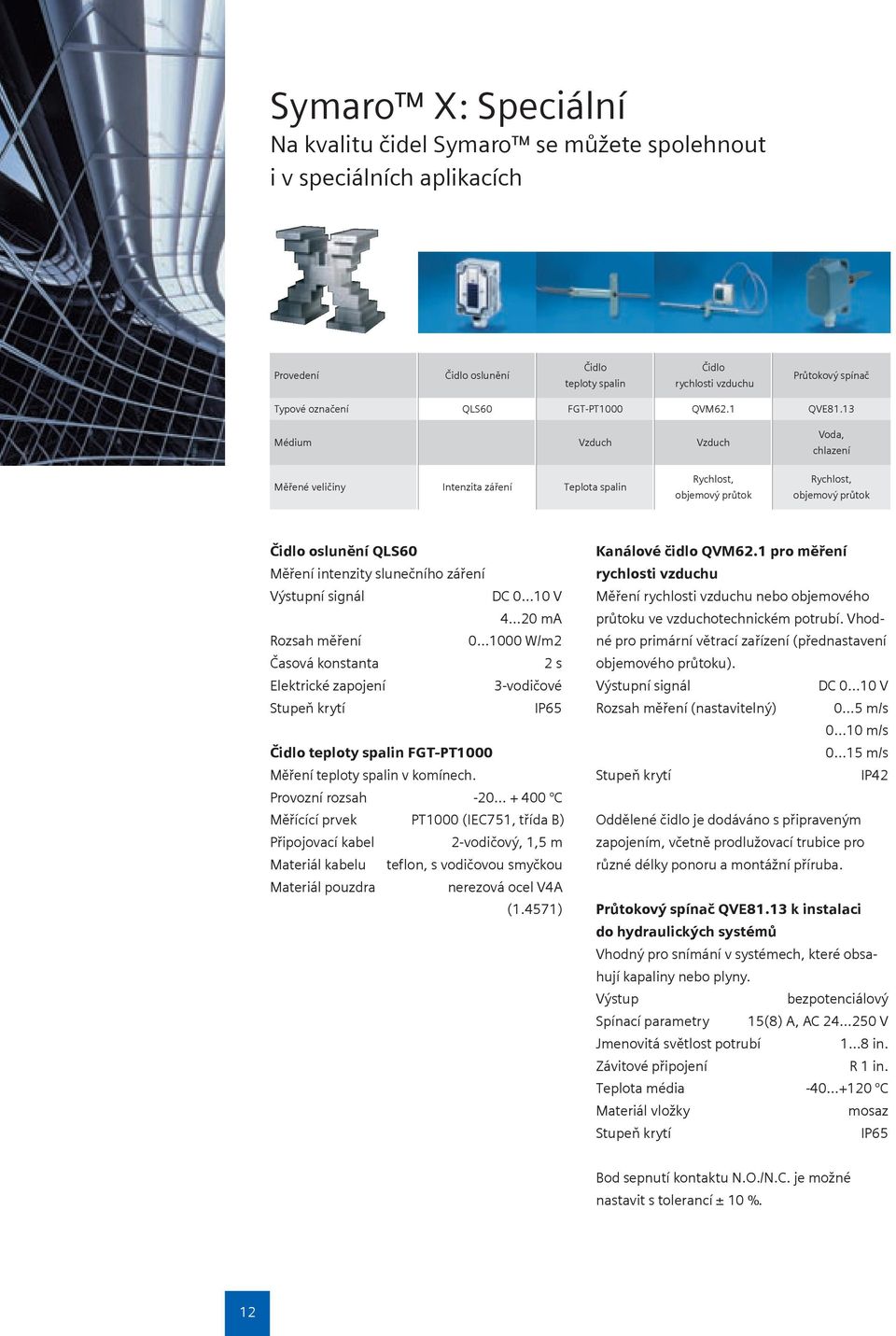 13 Médium Vzduch Vzduch Voda, chlazení Měřené veličiny Intenzita záření Teplota spalin Rychlost, objemový průtok Rychlost, objemový průtok Čidlo oslunění QLS60 Měření intenzity slunečního záření