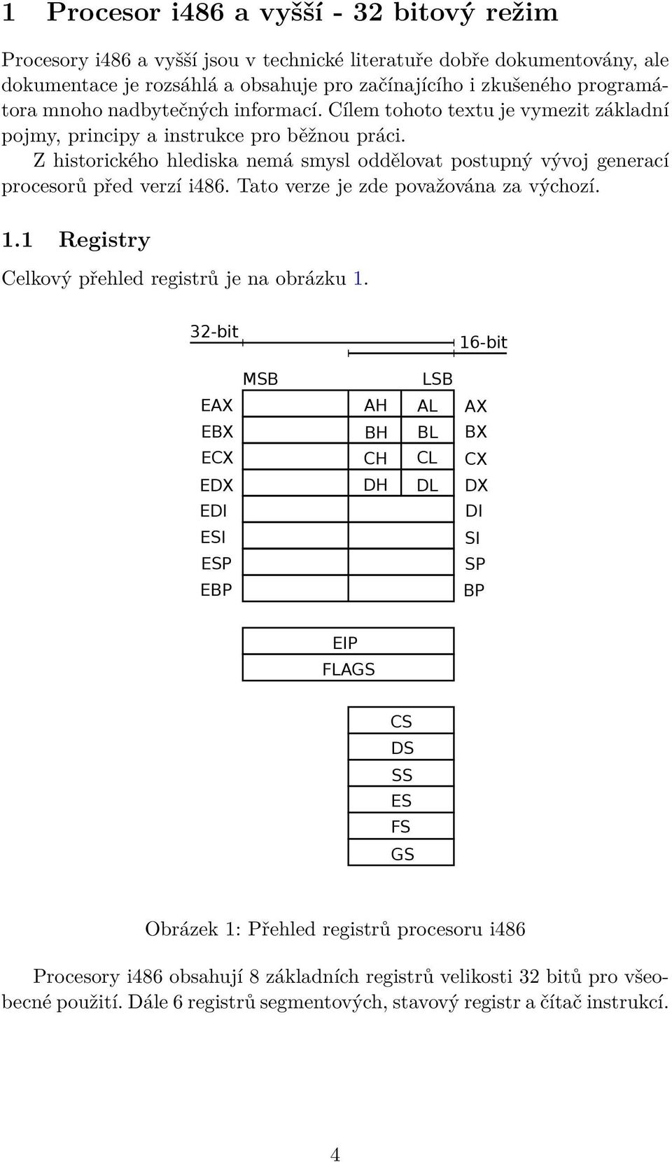 Z historického hlediska nemá smysl oddělovat postupný vývoj generací procesorů před verzí i486. Tato verze je zde považována za výchozí. 1.1 Registry Celkový přehled registrů je na obrázku 1.