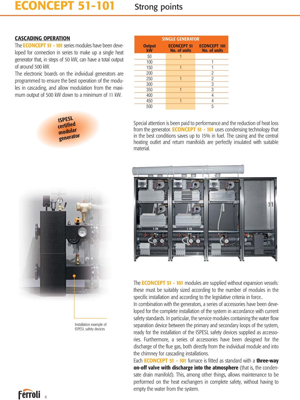 The electronic boards on the individual generators are programmed to ensure the best operation of the modules in cascading, and allow modulation from the maximum output of 500 kw down to a minimum of