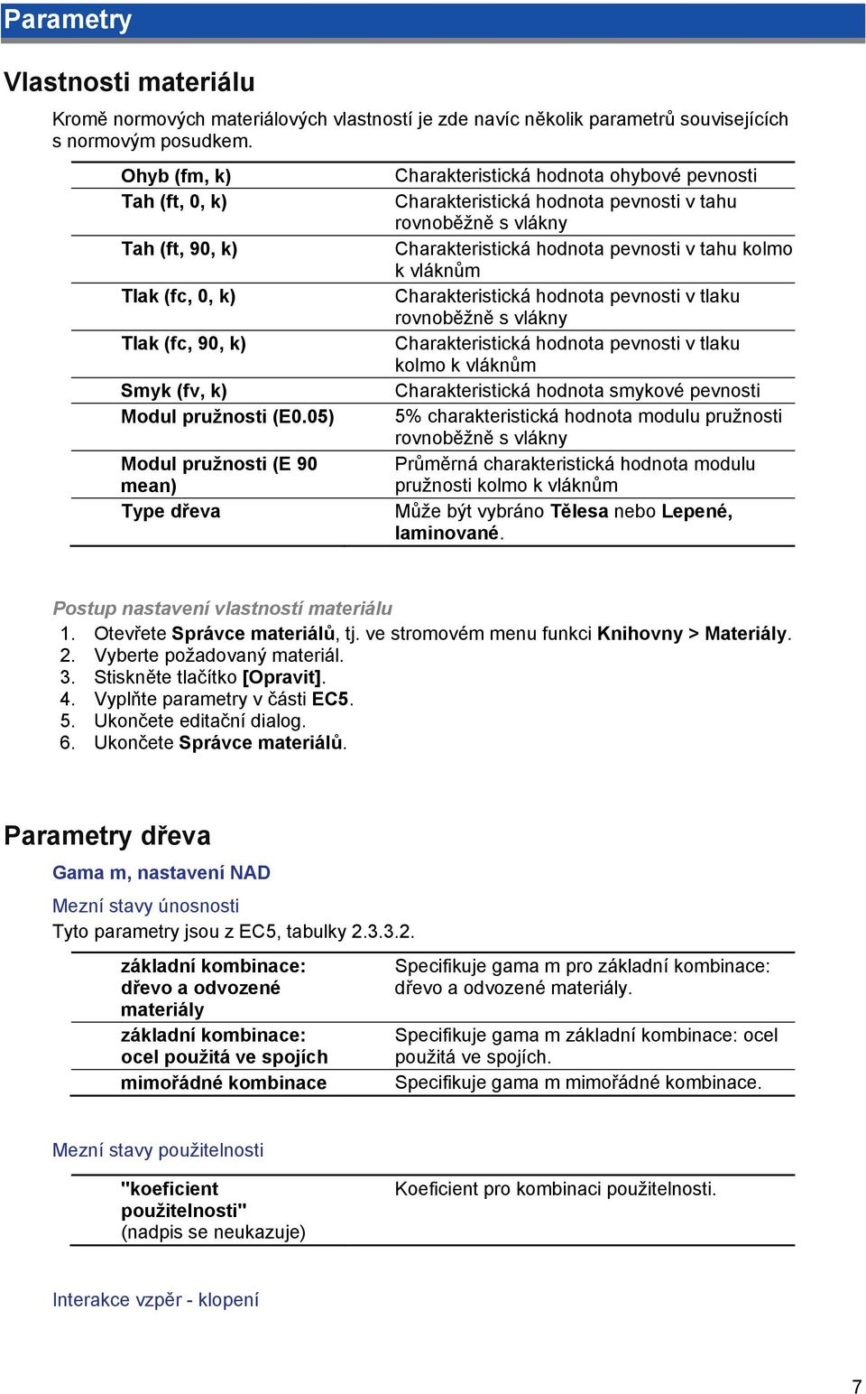 05) Modul pružnosti (E 90 mean) Type dřeva Charakteristická hodnota ohybové pevnosti Charakteristická hodnota pevnosti v tahu rovnoběžně s vlákny Charakteristická hodnota pevnosti v tahu kolmo k