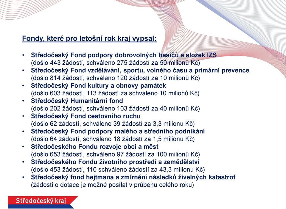 Středočeský Humanitární fond (došlo 202 žádostí, schváleno 103 žádostí za 40 milionů Kč) Středočeský Fond cestovního ruchu (došlo 62 žádostí, schváleno 39 žádostí za 3,3 milionu Kč) Středočeský Fond